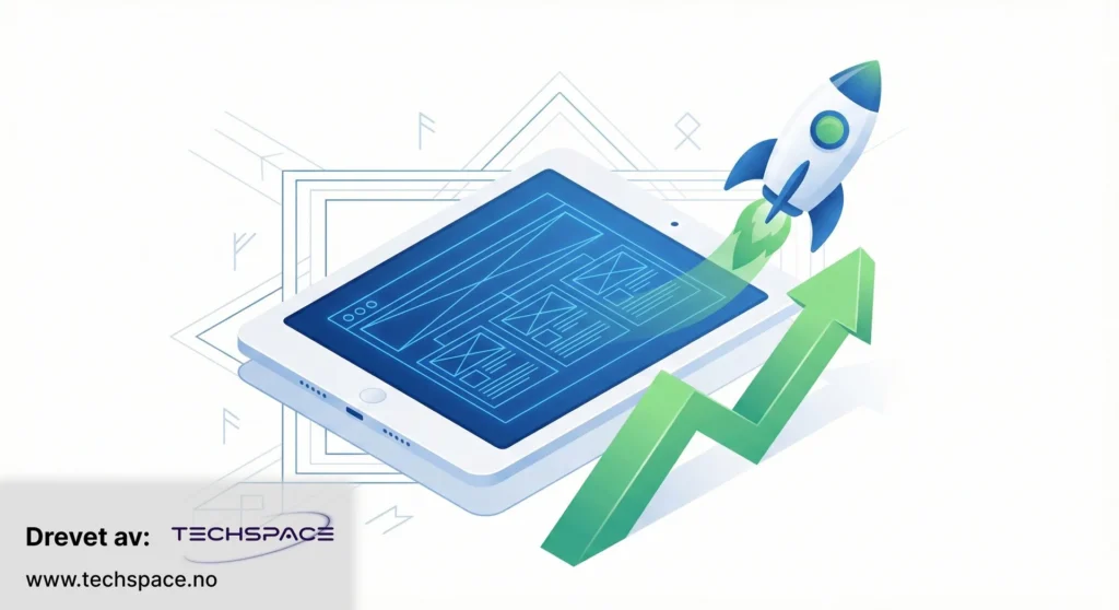 Illustration of a website strategy blueprint transforming into a rocket and growth graph