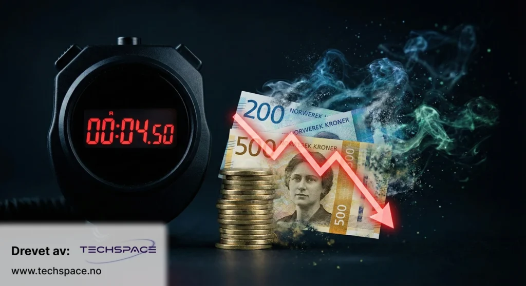 Stopwatch showing slow time causing Norwegian Krone to dissolve with a downward trend arrow