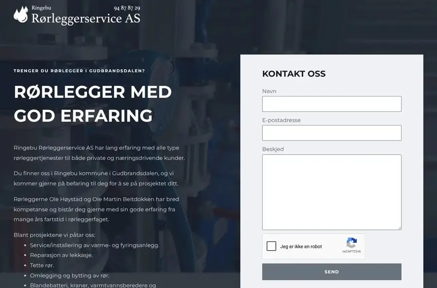 Skjermbilde av Ringebu Rørleggerservice sitt nettsted