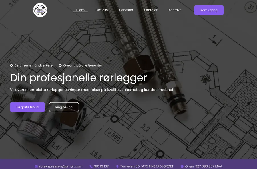Skjermbilde av Rørekspressen sitt nettsted