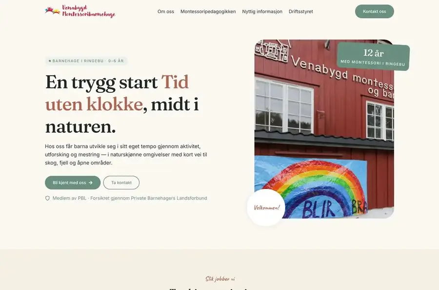 Skjermbilde av Venabygd Montessoribarnehage sitt nettsted