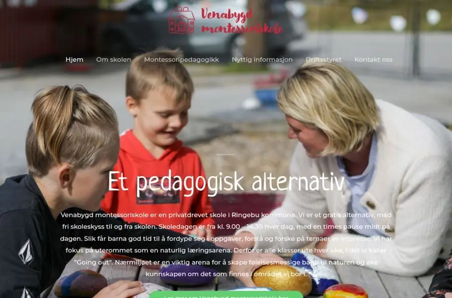 Skjermbilde av Venabygd Montessoriskole sitt nettsted