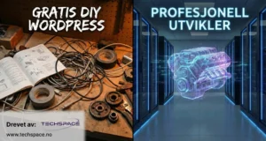 Split comparison image showing messy GRATIS DIY WORDPRESS workbench versus sleek PROFESJONELL UTVIKLER server room engine